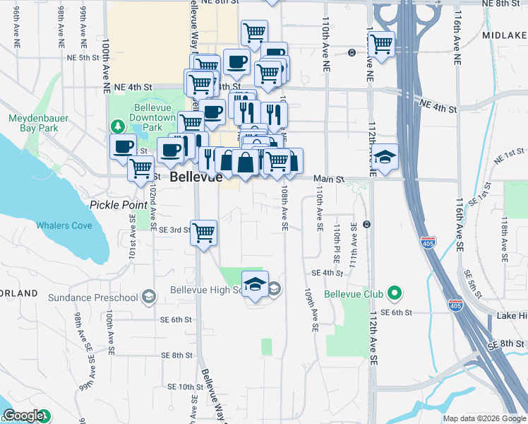 map of restaurants, bars, coffee shops, grocery stores, and more near 10712 Southeast 2nd Street in Bellevue