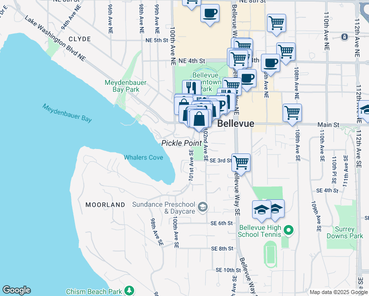 map of restaurants, bars, coffee shops, grocery stores, and more near 9927 Meydenbauer Way Southeast in Bellevue