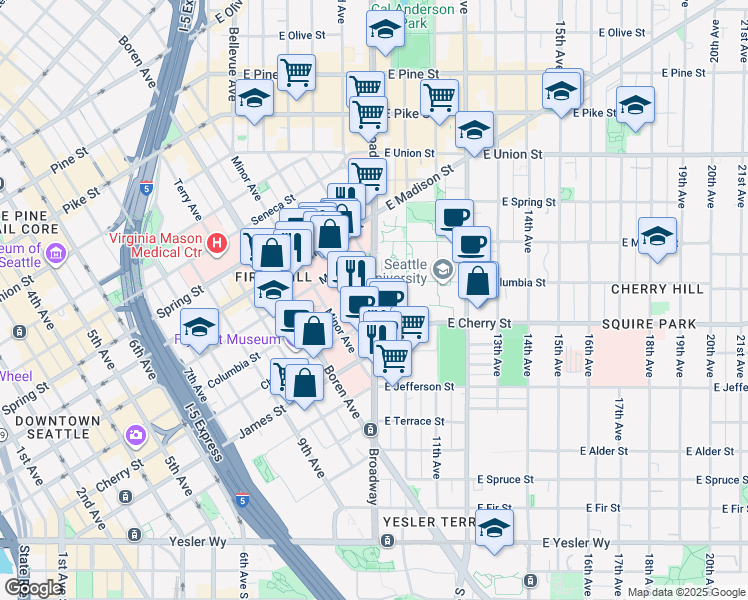 map of restaurants, bars, coffee shops, grocery stores, and more near 700 Broadway in Seattle