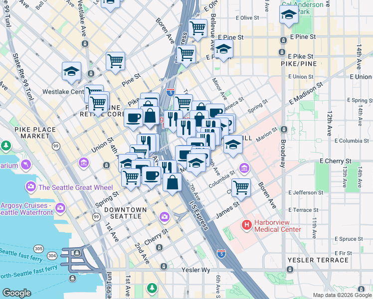 map of restaurants, bars, coffee shops, grocery stores, and more near 715 Spring Street in Seattle