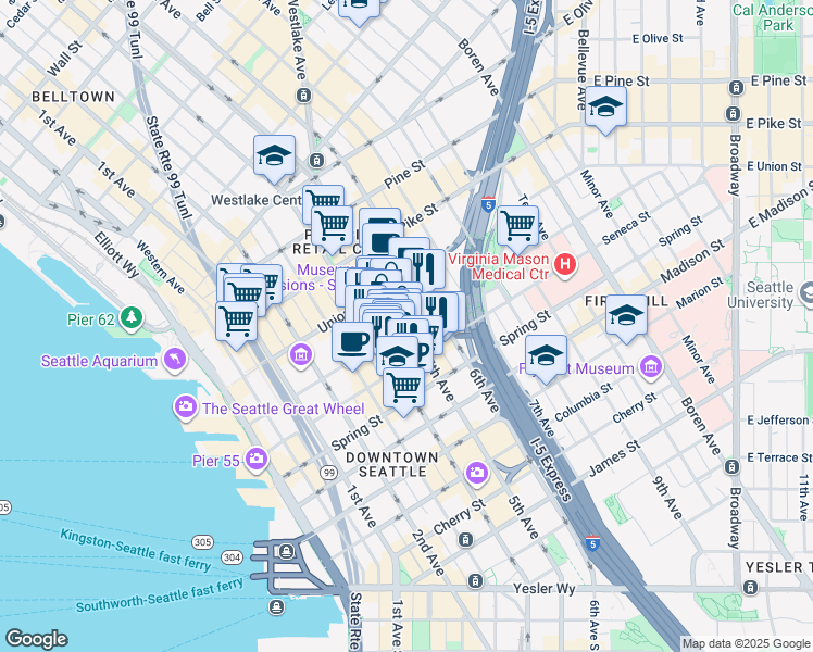map of restaurants, bars, coffee shops, grocery stores, and more near 417 University Street in Seattle