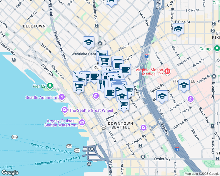 map of restaurants, bars, coffee shops, grocery stores, and more near in Seattle