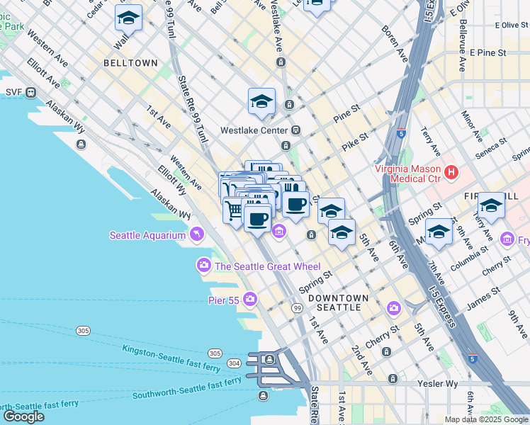 map of restaurants, bars, coffee shops, grocery stores, and more near 1301 2nd Avenue in Seattle