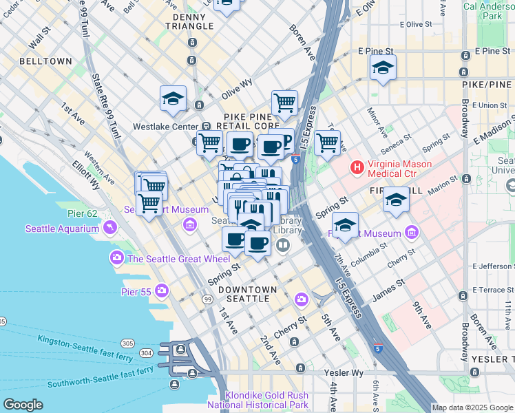 map of restaurants, bars, coffee shops, grocery stores, and more near 1300 5th Avenue in Seattle