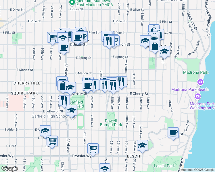 map of restaurants, bars, coffee shops, grocery stores, and more near 723 Martin Luther King Junior Way in Seattle