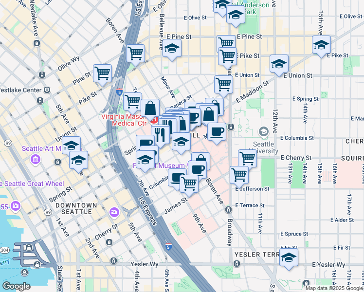 map of restaurants, bars, coffee shops, grocery stores, and more near 26 Madison Street in Seattle