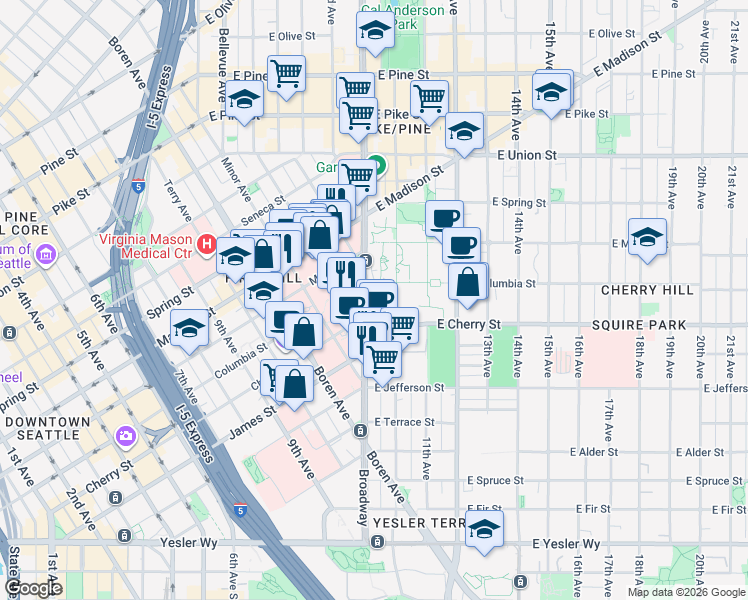 map of restaurants, bars, coffee shops, grocery stores, and more near 700 Broadway in Seattle