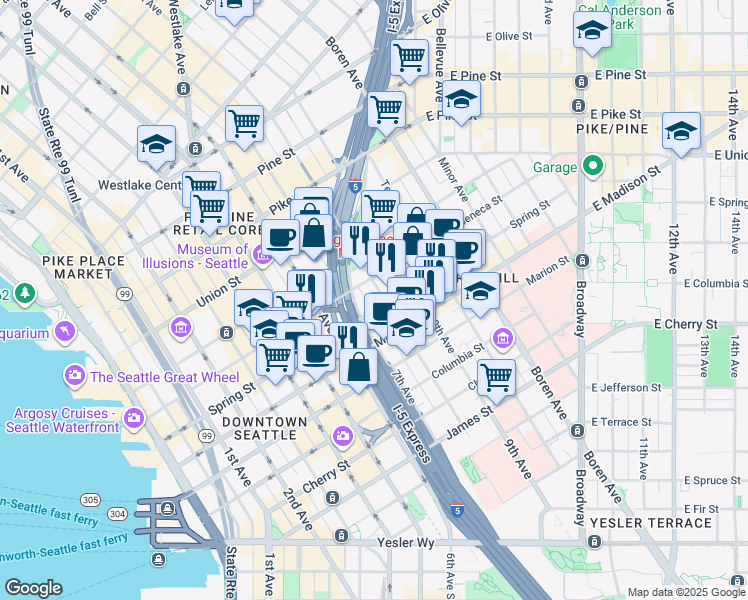 map of restaurants, bars, coffee shops, grocery stores, and more near 1101 8th Avenue in Seattle