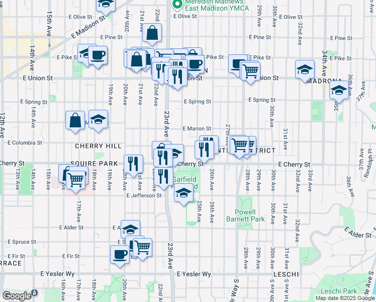 map of restaurants, bars, coffee shops, grocery stores, and more near 2410 East Cherry Street in Seattle