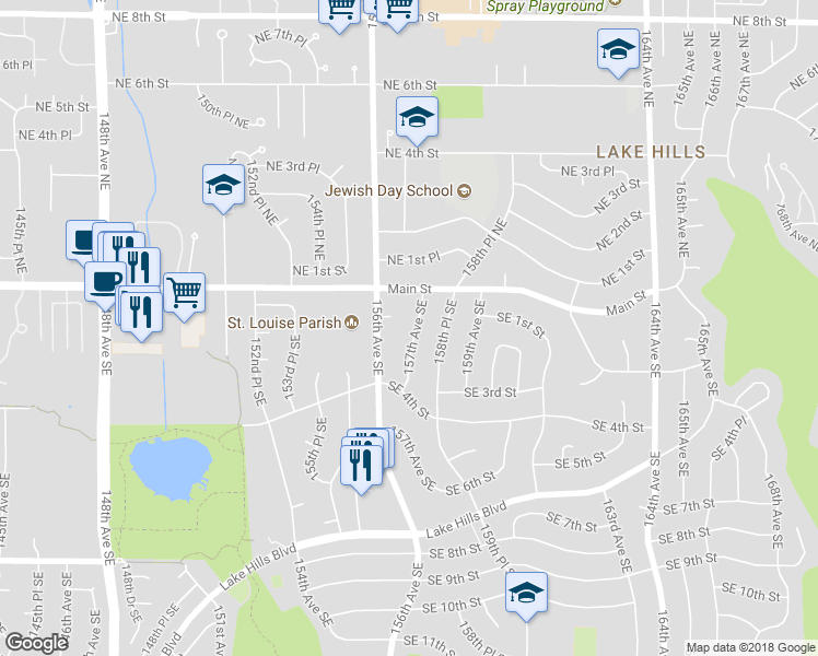 map of restaurants, bars, coffee shops, grocery stores, and more near 37 157th Avenue Southeast in Bellevue