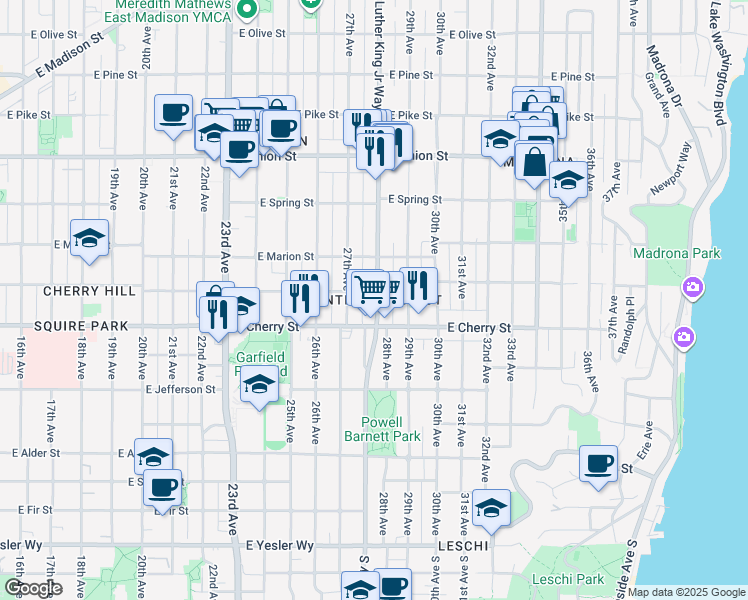 map of restaurants, bars, coffee shops, grocery stores, and more near in Seattle