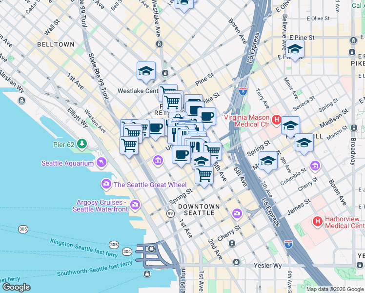 map of restaurants, bars, coffee shops, grocery stores, and more near 1325 4th Avenue in Seattle