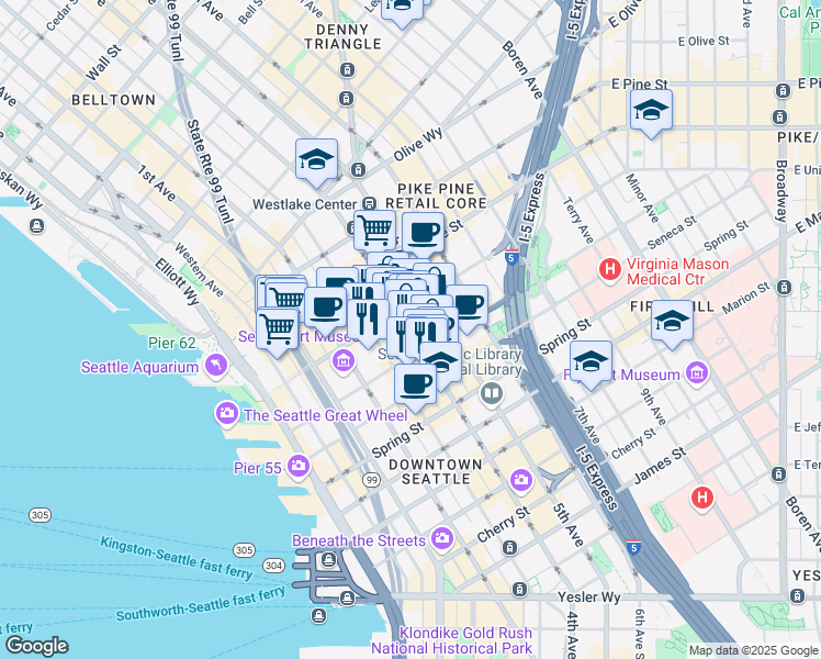 map of restaurants, bars, coffee shops, grocery stores, and more near 1318 4th Avenue in Seattle