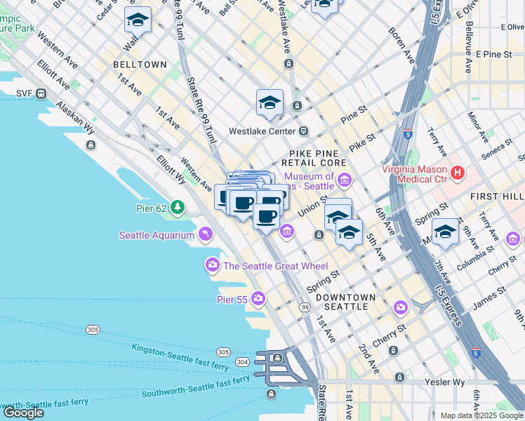 map of restaurants, bars, coffee shops, grocery stores, and more near 105 1/2 Pike Street in Seattle