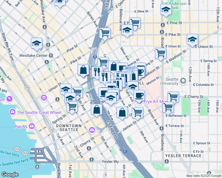 map of restaurants, bars, coffee shops, grocery stores, and more near 801 Spring Street in Seattle