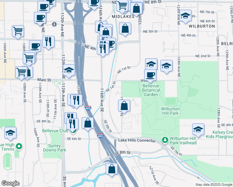 map of restaurants, bars, coffee shops, grocery stores, and more near 137 118th Avenue Southeast in Bellevue