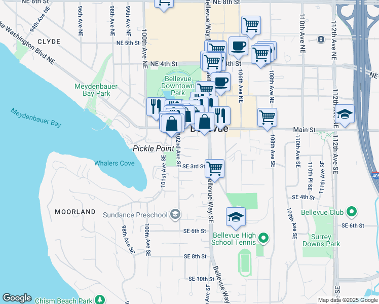 map of restaurants, bars, coffee shops, grocery stores, and more near 150 102nd Avenue Southeast in Bellevue