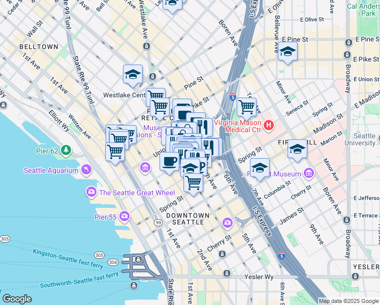 map of restaurants, bars, coffee shops, grocery stores, and more near 417 University Street in Seattle