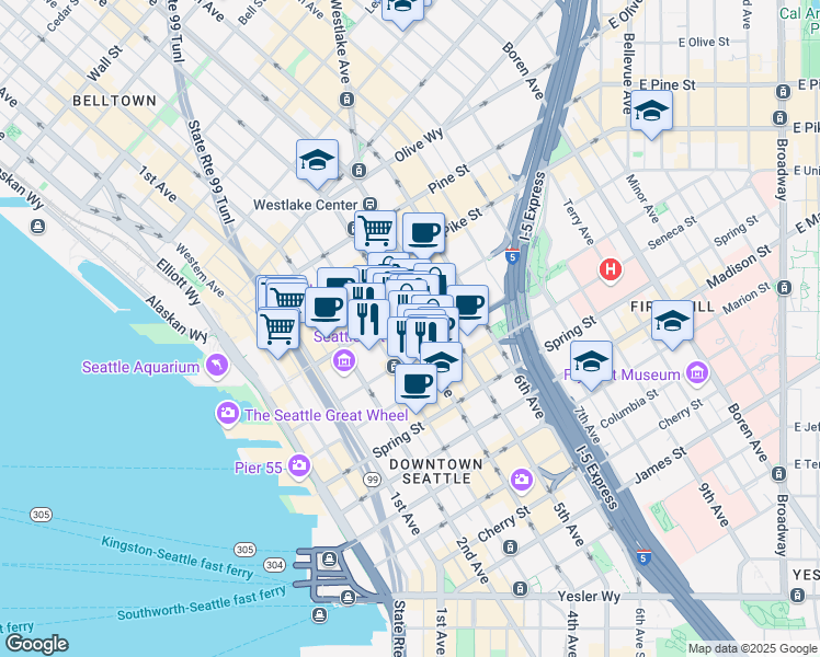 map of restaurants, bars, coffee shops, grocery stores, and more near in Seattle