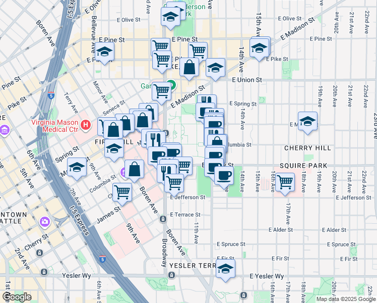 map of restaurants, bars, coffee shops, grocery stores, and more near 1098 East James Way in Seattle
