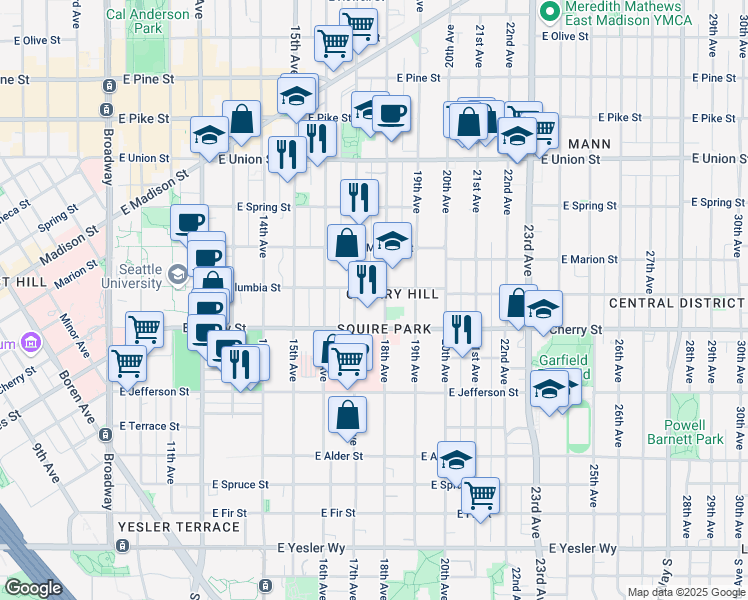 map of restaurants, bars, coffee shops, grocery stores, and more near 725 18th Avenue in Seattle