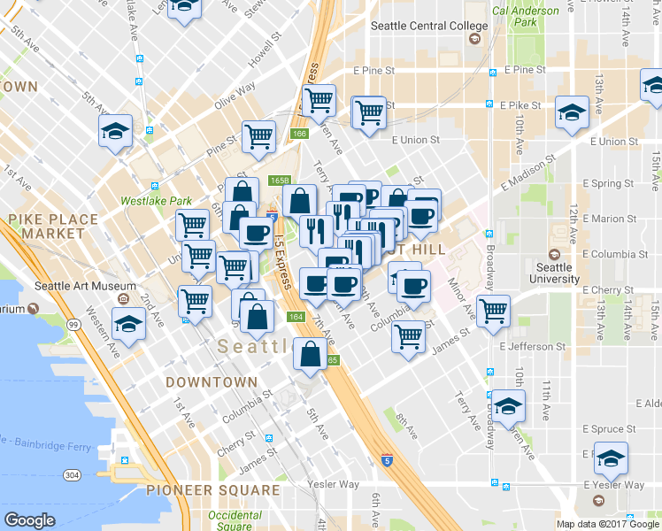 map of restaurants, bars, coffee shops, grocery stores, and more near 801 Spring Street in Seattle