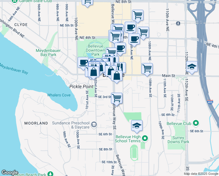 map of restaurants, bars, coffee shops, grocery stores, and more near 143 Bellevue Way Southeast in Bellevue