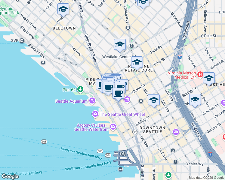map of restaurants, bars, coffee shops, grocery stores, and more near 1st Ave & Pike St in Seattle