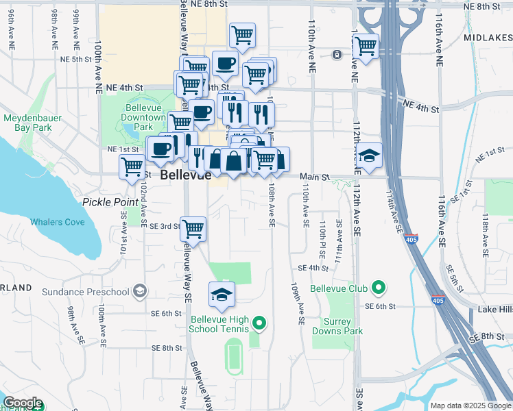 map of restaurants, bars, coffee shops, grocery stores, and more near 10712 Southeast 2nd Street in Bellevue