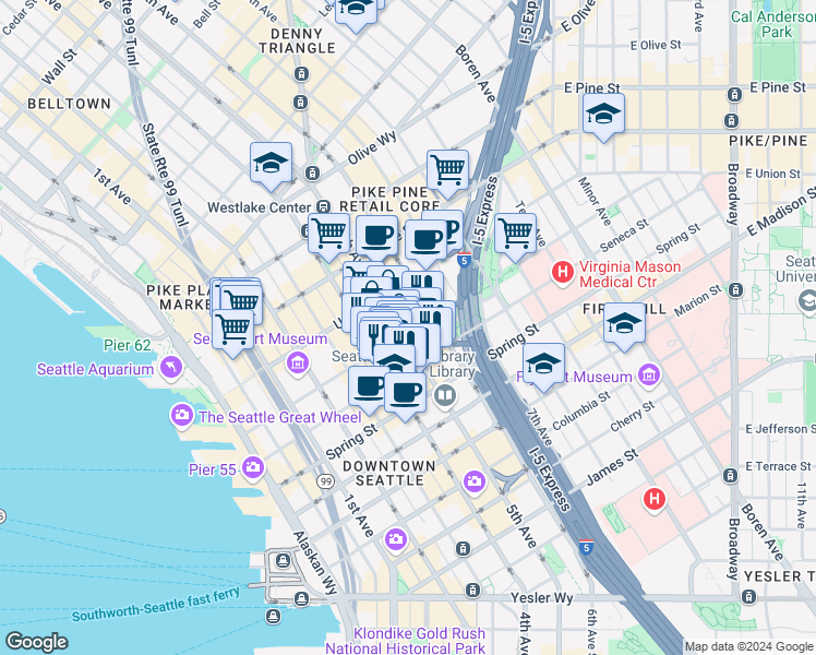 map of restaurants, bars, coffee shops, grocery stores, and more near 1300 5th Avenue in Seattle