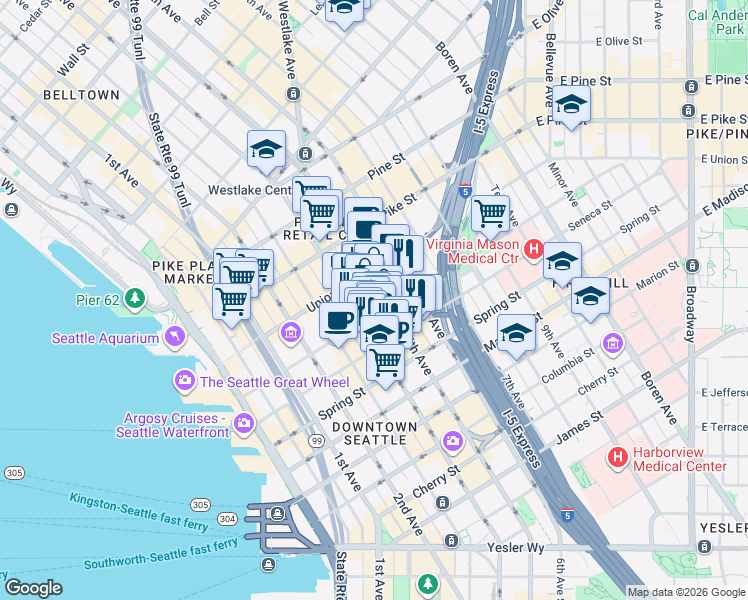 map of restaurants, bars, coffee shops, grocery stores, and more near 1301 5th Avenue in Seattle