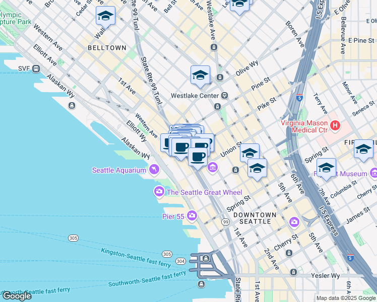 map of restaurants, bars, coffee shops, grocery stores, and more near 102 Pike Street in Seattle