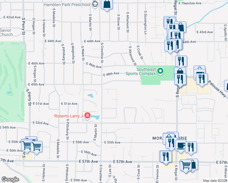 map of restaurants, bars, coffee shops, grocery stores, and more near 5023 South Lee Circle in Spokane