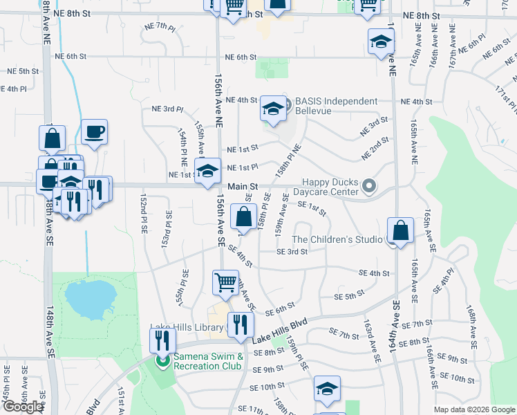 map of restaurants, bars, coffee shops, grocery stores, and more near 49 158th Place Southeast in Bellevue