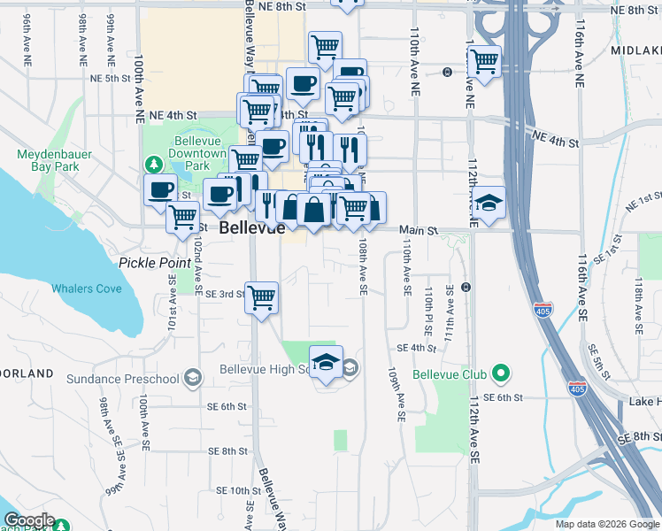 map of restaurants, bars, coffee shops, grocery stores, and more near 10712 Southeast 2nd Street in Bellevue