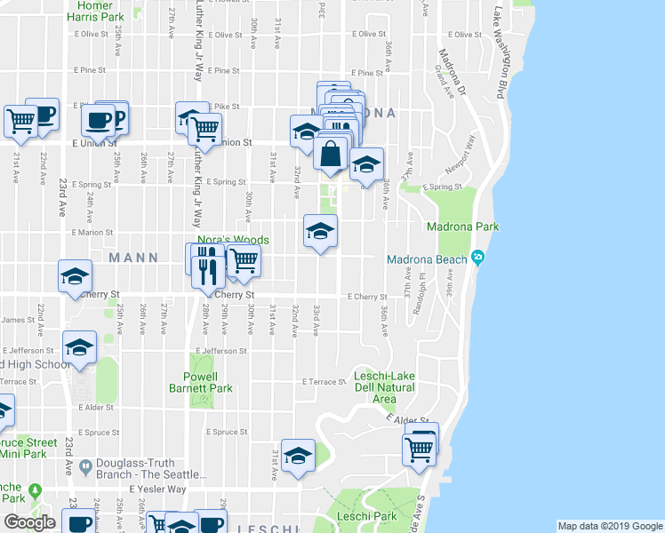 map of restaurants, bars, coffee shops, grocery stores, and more near in Seattle