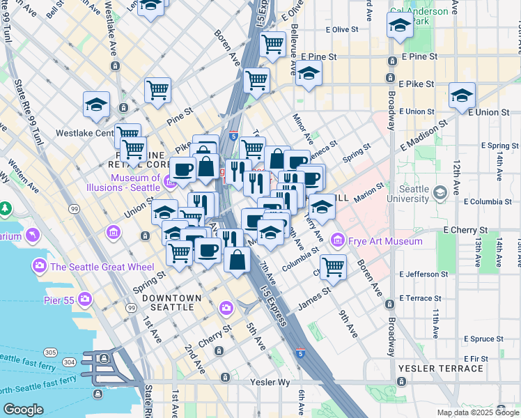 map of restaurants, bars, coffee shops, grocery stores, and more near 715 Spring Street in Seattle