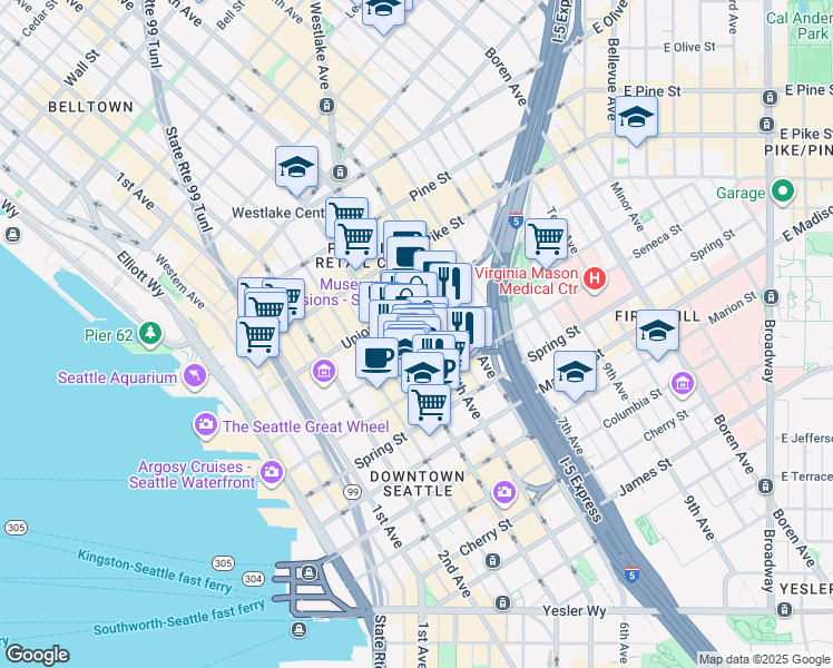 map of restaurants, bars, coffee shops, grocery stores, and more near 417 University Street in Seattle