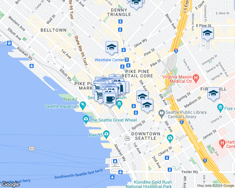 map of restaurants, bars, coffee shops, grocery stores, and more near 1301 2nd Avenue in Seattle