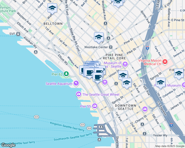 map of restaurants, bars, coffee shops, grocery stores, and more near in Seattle