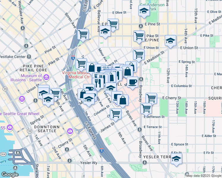map of restaurants, bars, coffee shops, grocery stores, and more near 26 Madison Street in Seattle