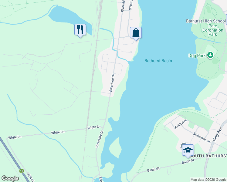 map of restaurants, bars, coffee shops, grocery stores, and more near 1305 Riverside Drive in Bathurst