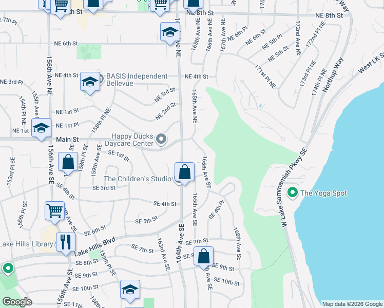 map of restaurants, bars, coffee shops, grocery stores, and more near 21 165th Avenue Southeast in Bellevue