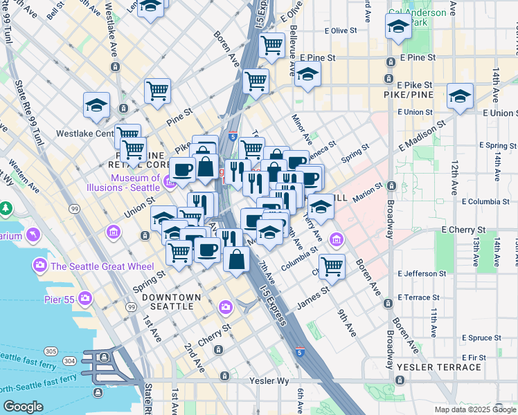 map of restaurants, bars, coffee shops, grocery stores, and more near 715 Spring Street in Seattle