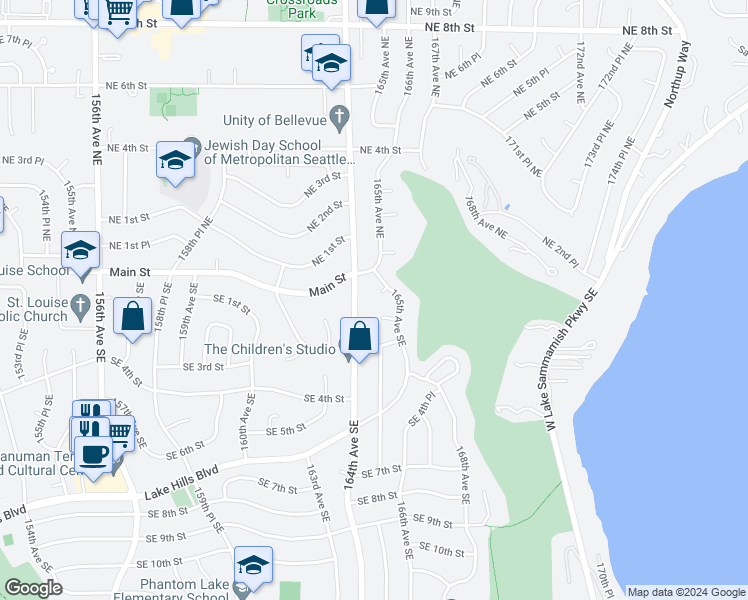 map of restaurants, bars, coffee shops, grocery stores, and more near 21 165th Avenue Southeast in Bellevue