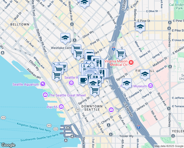map of restaurants, bars, coffee shops, grocery stores, and more near 417 University Street in Seattle