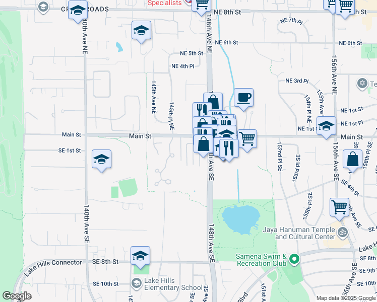 map of restaurants, bars, coffee shops, grocery stores, and more near 117 146th Avenue Southeast in Bellevue