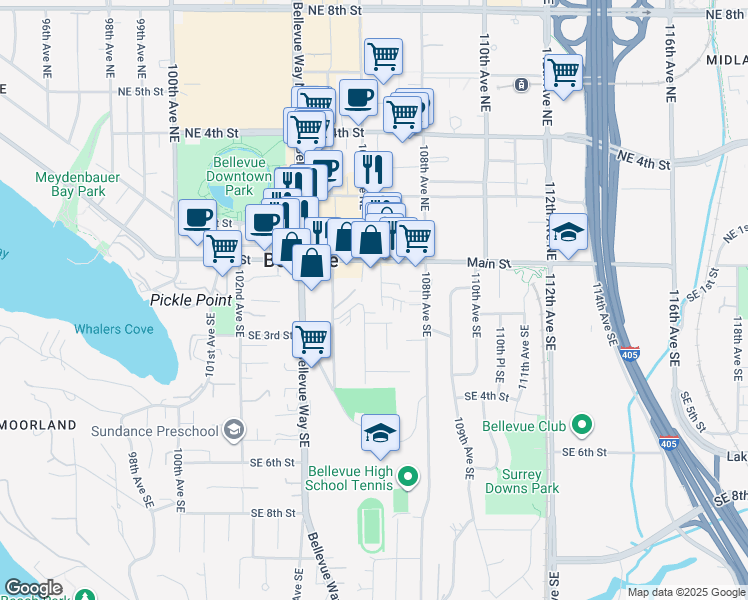 map of restaurants, bars, coffee shops, grocery stores, and more near 191 106th Avenue Southeast in Bellevue