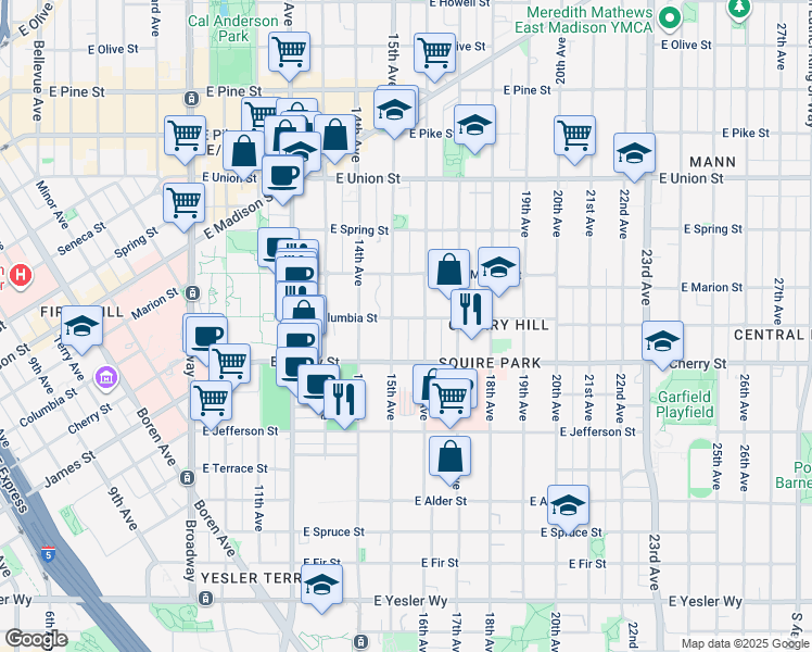 map of restaurants, bars, coffee shops, grocery stores, and more near 715 15th Avenue in Seattle