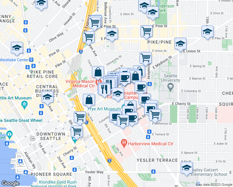 map of restaurants, bars, coffee shops, grocery stores, and more near 26 Madison Street in Seattle